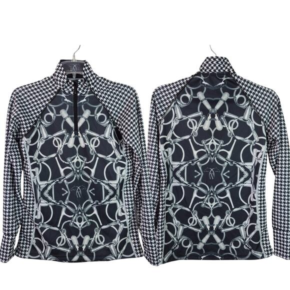 NobleHaus USA Black Gray Equestrian Horse Riding Print Top Shirt 1/4 Zip Medium - Picture 1 of 4